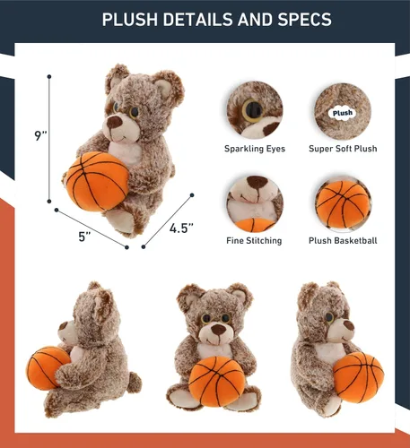 Miniatura 3 de DolliBu Oso marrón sentado con felpa de baloncesto, oso suave para abrazar, adorable juguete de peluche para jugar, lindo regalo de vida silvestre