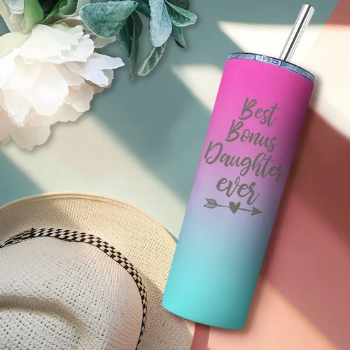 Miniatura 4 de Gift for Bonus Daughter or Daughter In Law, 20 oz Skinny Tumbler for her, Happy Birthday Day Presents from Bonus Mom or Bonus Dad Cup with Lid Straw