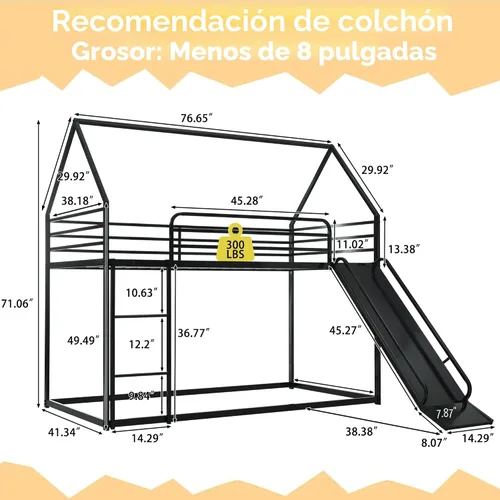 Miniatura 2 de Litera de cama individual sobre individual con tobogán, marco de cama en forma de casa con escalera, estructura de cama baja de servicio pesado