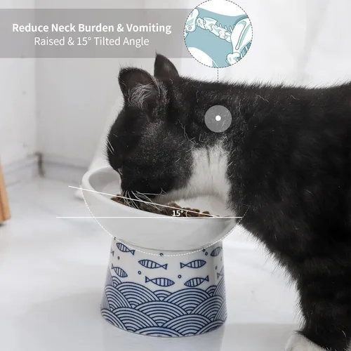 Miniatura 4 de Cuencos elevados de cerámica para gatos, juego de cuencos elevados inclinados para comida y agua, plato de porcelana libre de estrés para gatos