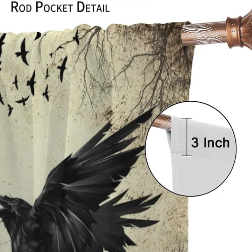 Miniatura 78 de Cortinas góticas de bosque de cuervos, para Halloween, espeluznante, negro, cuervo negro, alas oscuras, suspenso, bolsillo para barra, cortinas