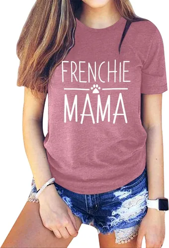 Miniatura 16 de Camiseta de manga corta con texto en inglés «Frenchie Mama», con estampado de letras para mujer, estilo casual