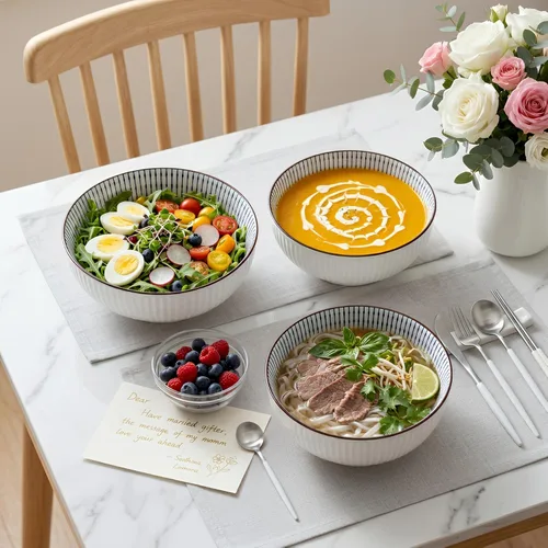 Miniatura 5 de QINLANG Juego de 3 cuencos grandes de sopa Pho & Ramen, 60 onzas, cuencos grandes de porcelana azul y blanca, patrón a rayas