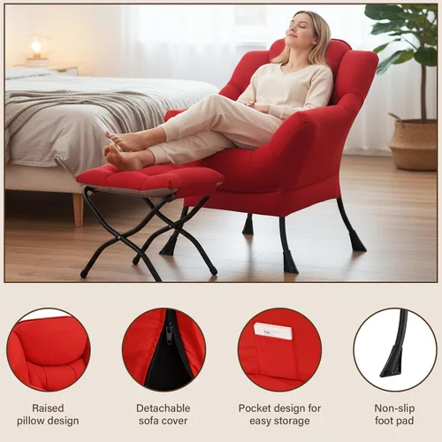 Miniatura 4 de Welnow - Silla perezosa con otomana, moderna silla de descanso con reposabrazos y bolsillo lateral, juego de sillón tapizado de ocio, sillón de Rojo