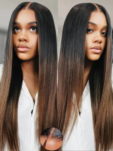 Miniatura 19 de KLAIYI Peluca de cabello humano con encaje frontal precortada 7x5, corte Bob en capas, corte romo, cordón sin pegamento, peluca predepilada