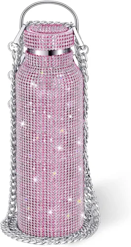 Miniatura 20 de Geiserailie Botella de agua con diamantes de imitación de acero inoxidable, térmica, recargable, aislada, con cadena, para mujeres y niñas