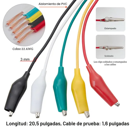 Miniatura 4 de WGGE WG-026 Juego de cables de prueba de 10 piezas y 5 colores y clips de cocodrilo, cable de cobre de 20.5 pulgadas/22 AWG. Los clips soldados