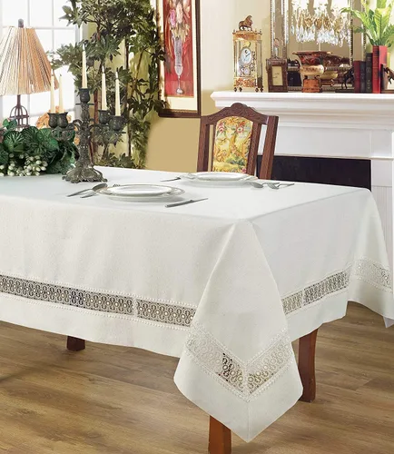 Miniatura 2 de Violet Linen Splendour Exquisito patrón de borde de encaje de macramé, encaje bordado de poliéster, blanco, 52 x 70 pulgadas, asientos de 4 a 6