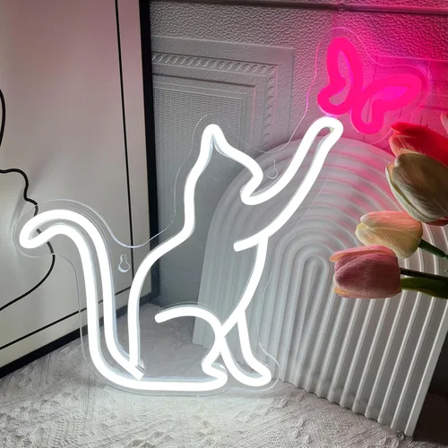 Señales de neón de gato, señal de neón LED de gato y mariposa para decoración de pared, lindas luces de neón de gato, señal de luz de neón de arte