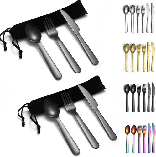Miniatura 8 de Evanda Juego de cubiertos portátiles de 3 piezas, incluye cuchara tenedor y cuchillo, juego de cubiertos de camping con bolsa negra, para el hogar