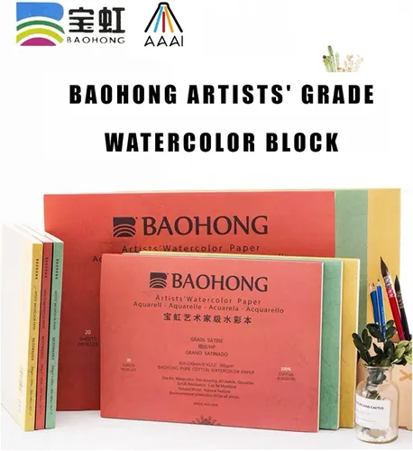 Miniatura 3 de BAOHONG Bloque de papel de acuarela para artistas (20 hojas, pegadas en cuatro bordes), 100% algodón, sin ácidos, 140 libras/300 GSM, suministros