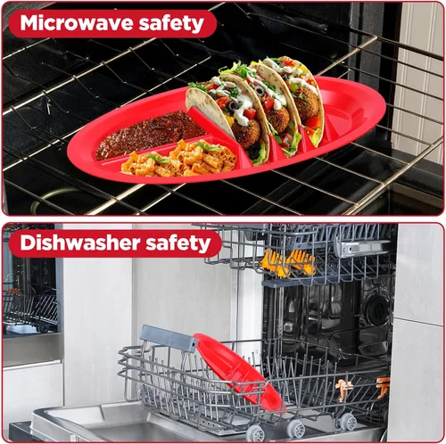 Miniatura 5 de Paquete de 12 platos coloridos de plástico para tacos, soporte reutilizable para tacos con divisores para 3 tacos y 2 áreas de inmersión, sin BPA