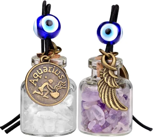 Miniatura 2 de Zodiac Birthstone Car Charms for Rearview Mirror Hanging - Two Gemstone Good Luck Bottles with Evil Eye Protection Bead and Guardian Angel Wing