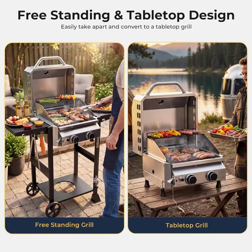 Miniatura 6 de Electactic Parrilla de gas propano de 2 quemadores, parrilla de barbacoa de acero inoxidable de 16,000 BTU con mesas laterales plegables, diseño
