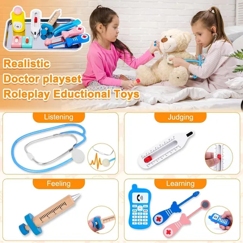 Miniatura 5 de Kit de médico para niños pequeños de 3 a 5 años, kit de médico para niños con bolsa de almacenamiento médico y estetoscopio real, disfraz de médico