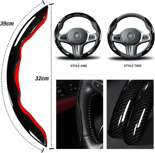 Miniatura 5 de Juego de fundas para volante de automóvil, funda de fibra de carbono brillante, antideslizante, 3 piezas, accesorios para volante de 14.5-15 negro