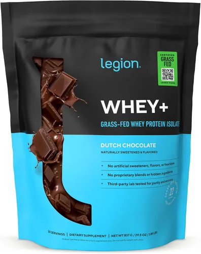 LEGION Whey+ - Proteína aislada de suero de vacas alimentadas con pasto, sabor a chocolate, sin OMG, sin lactosa, sin azúcar, natural, 30 porciones