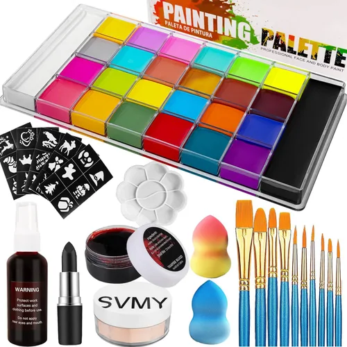 AOLIKOKO Kit de paleta de pintura facial y corporal de 26 colores, kit de maquillaje de Halloween, kit de pintura facial profesional, ideal para