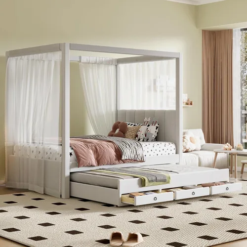 Miniatura 8 de Bellemave Base de cama con dosel de tamaño individual con cabecera tapizada princesa, nido doble extraíble y 3 cajones de almacenamiento, cama