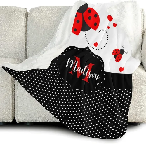 Miniatura 3 de Manta de forro polar con monograma y diseño de lunares negros con nombre para niñas que duermen con diseño de mariquita, 50 x 60 pulgadas, regalo
