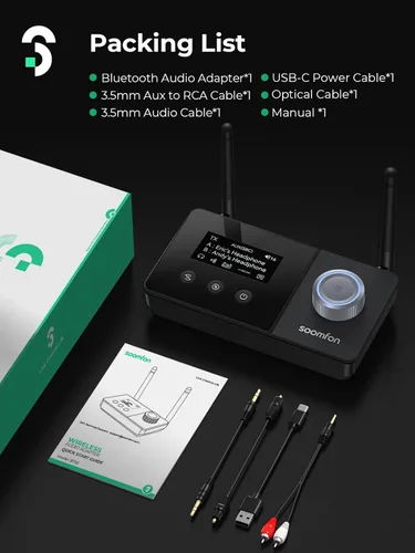 Miniatura 8 de SOOMFON Transmisor Bluetooth de antena dual para TV Bluetooth 5.3 receptor 3 en 1 a 2 auriculares con pantalla LCD Control de volumen óptico AUX RCA