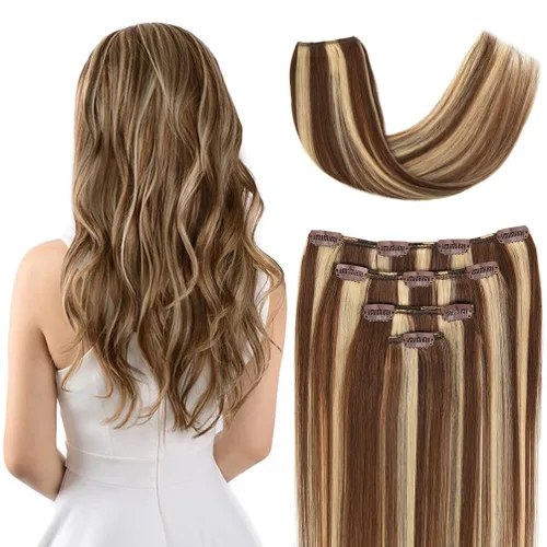 Miniatura 21 de Extensiones de cabello humano Remy de 12 pulgadas con clip para mujer, extensiones de cabello humano sedoso y liso, 1.76 onzas, 4 piezas