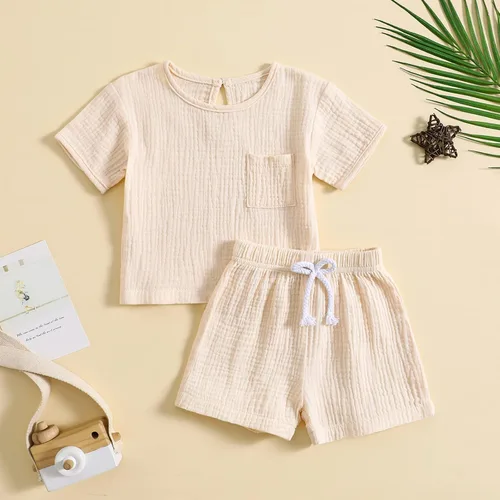 Miniatura 2 de Conjunto de 2 piezas de camiseta de algodón y lino de manga corta y pantalones cortos elásticos, 2 piezas, ropa casual de verano