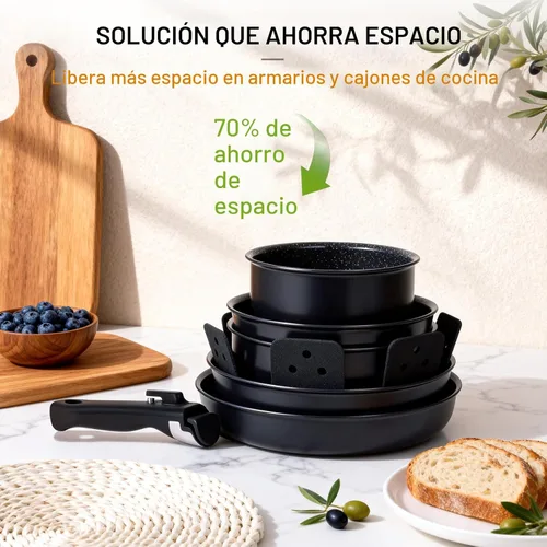 Miniatura 5 de Ammeloo Juego de 21 piezas de ollas y sartenes de cerámica antiadherentes con mangos desmontables y sartén para freír huevos, utensilios de cocina