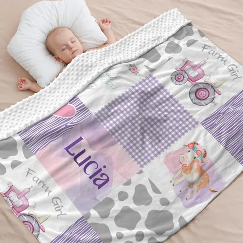 Manta personalizada de bebé Minky de vaca pequeña, botas de granja, coche, manta personalizada para guardería, 35 x 46 pulgadas, para baby shower,