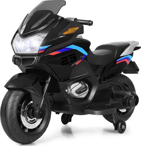 HONEY JOY Motocicleta para niños de 12 V, vehículo eléctrico a batería para niños, ruedas de entrenamiento, luces LED, pedal de pie, suspensión de
