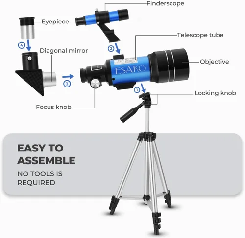 Miniatura 6 de ESAKO - Telescopio para niños y principiantes, telescopios portátiles con apertura de 70 mm y 3 oculares, trípode de altura ajustable y adaptador