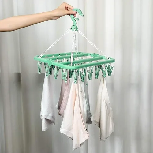 Miniatura 7 de Percha para secar ropa con 32 pinzas y percha plegable para colgar (Verde Claro)