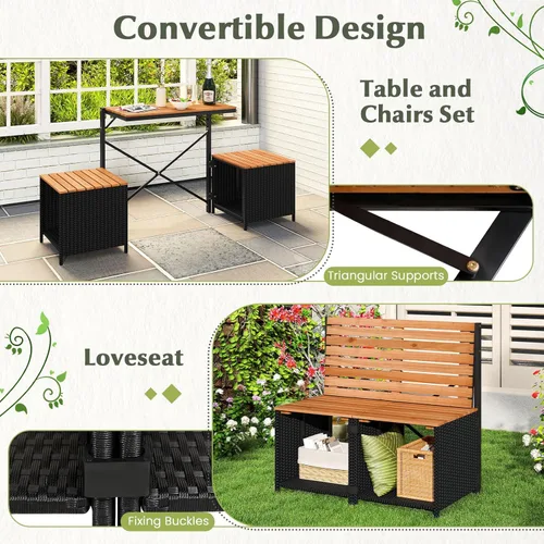 Miniatura 4 de Tangkula Mesa de bar convertible 3 en 1, mesa y sillas plegables para exteriores con marco de metal y ratán tejido, sofá biplaza de madera de acacia