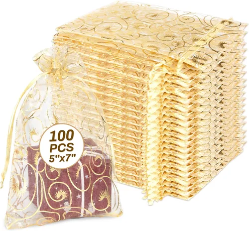 Miniatura 17 de Sukh 100 bolsas de organza de 5''x7'' - Bolsas de malla transparente blanca con cordón para joyas, jabón, frutas, dulces, pequeñas bolsas de regalo