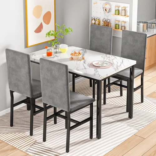 Miniatura 2 de Hooseng Juego de mesa de comedor de 5 piezas para 4 personas con parte superior de mármol sintético y sillas de terciopelo, juego de mesa de cocina