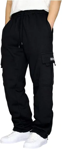 Pantalones deportivos tipo cargo de forro polar para hombre con cordón y bolsillos