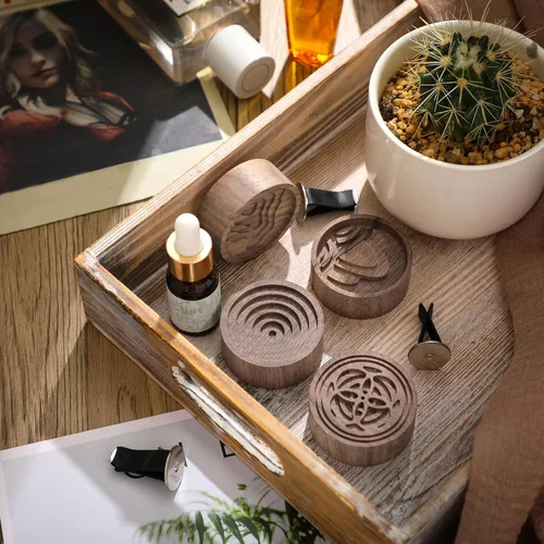 Miniatura 4 de Teenyyou Difusor pasivo de aromaterapia de madera, 4 unidades, con clip de ventilación, ambientador redondo de madera de nogal, regalos de invierno