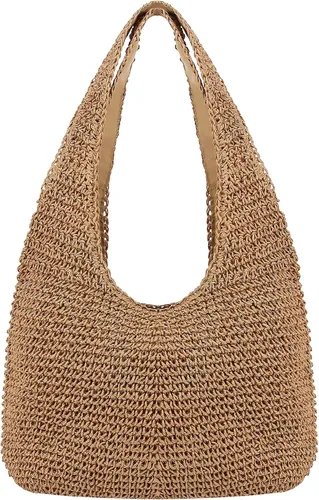 Naimo Bolso de hombro de playa de paja para mujer, bolso grande hecho a mano, tejido a mano, bolso hobo casual de verano