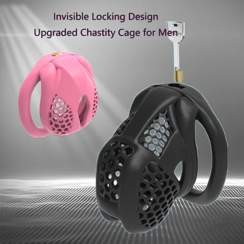 Miniatura 3 de Conjunto de Jaula Peniana de Miel Respirable con 4 Anillos Planos, Jaulas Pequeñas para Pene, Dispositivo de Castidad para Hombres, Juguetes Negro