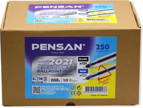 PENSAN - Paquete de 250 bolígrafos de bola, (125 negros y 125 azules) - Bolígrafos de 1.0 mm de punta media, agarre ergonómico triangular, escritura