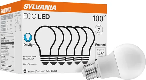 Bombilla LED ECO Sylvania, A19, equivalente a 100 W, eficiente 14.5 W, 7 años, 1450 lúmenes, esmerilada, 5000 K, luz diurna - Paquete de 6 (40884)