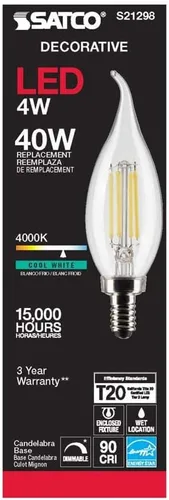 Miniatura 5 de Satco S21298 4CA10/LED/940/CL/120V/E12-paquete de 6