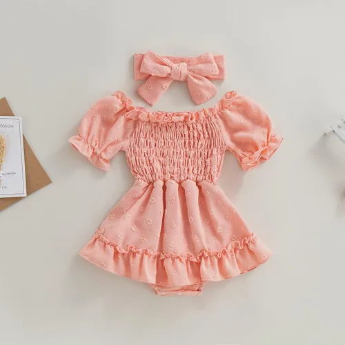 Miniatura 99 de Mameluco para bebés y niñas de 3, 6, 9, 12, 18 meses, enterizo de manga corta, fruncido, faldas y dobladillo, diadema
