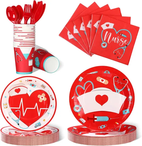 Yisong 168 piezas de decoraciones de fiesta de graduación de enfermera, juego de vajilla de cumpleaños médico para 24 invitados, platos de postre,