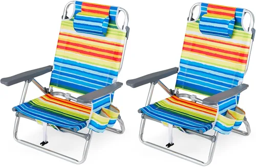 Miniatura 11 de Goplus Silla de playa, mochila plegable para adultos, sillas de playa con posiciones ajustables, almohada para la cabeza, bolsa refrigeradora