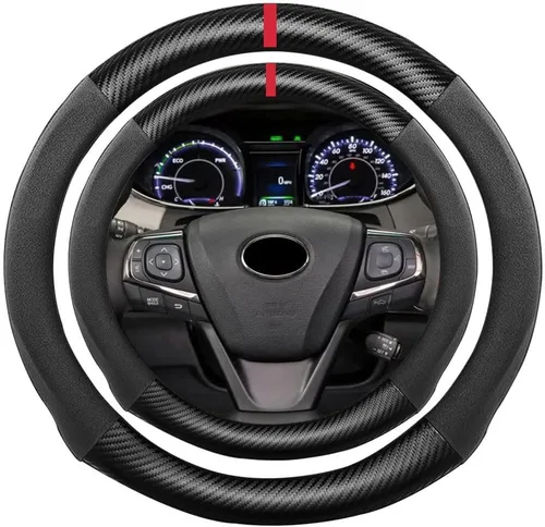 Miniatura 48 de Funda de volante de ante con fibra de carbono de K LAKEY, compatible con Porsche 718 Boxster Cayman 911 Panamera Macan Cayenne de 15 pulgadas, cuero