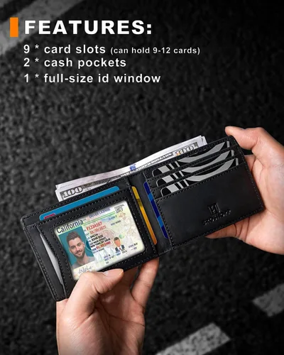 Miniatura 54 de Billetera AirTag para hombre, de piel auténtica plegable con bloqueo Rfid AirTag con ranuras para efectivo y ventana de identificación, compatible