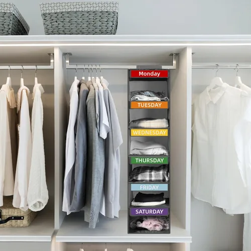 Miniatura 7 de Organizador semanal de ropa de 6 estantes para niños, organizador de armario colgante para niños y adultos, estantes plegables para armario
