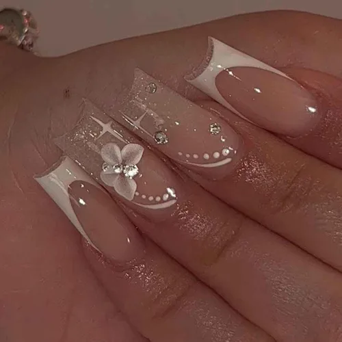Miniatura 7 de Foccna - Uñas postizas 3D con flores, cuadradas, rosas, francesas, brillantes, con strass, largas, para manicura, 24 piezas