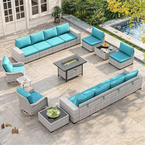 Miniatura 11 de Juego de muebles de mimbre para patio al aire libre de 3 piezas, sillas de patio giratorias mecedoras con respaldo alto con cojines gruesos de 4